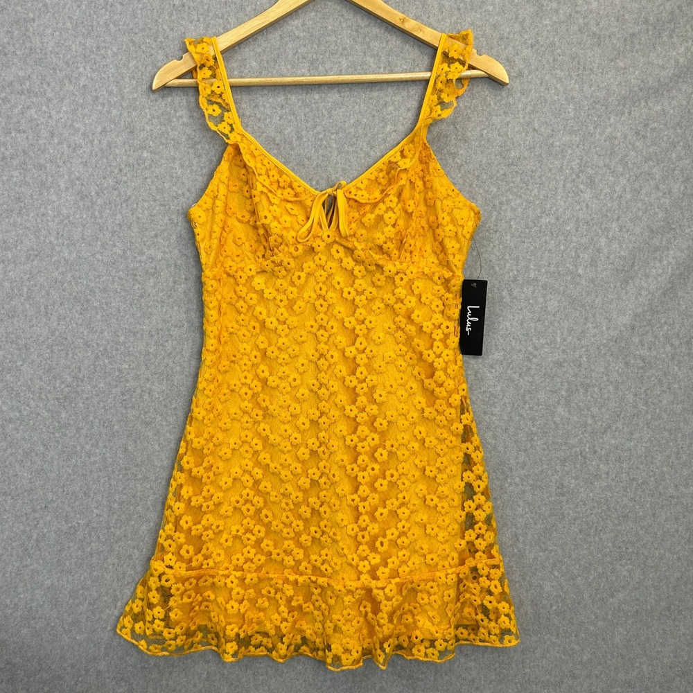 Lulus Charmaine Mini Tank Dress Yellow Floral Lace Ruffle V-Neck Size Small NWT